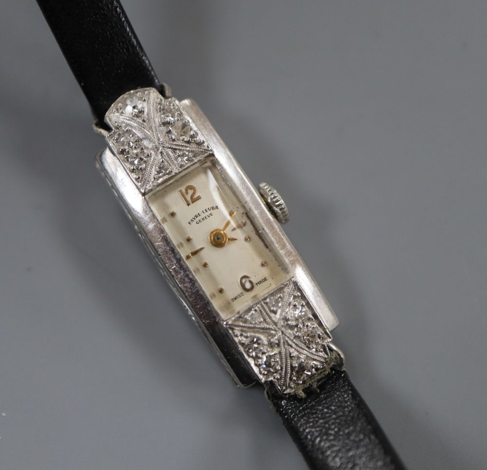 A ladys white metal (stamped All Plat) and diamond set Favre Leuba manual wind cocktail watch,